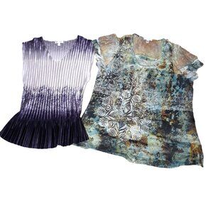 Purple Ombre Pleated Cap Sleeve & Green Embellished Tops 1X Whimsigoth Lot of 2